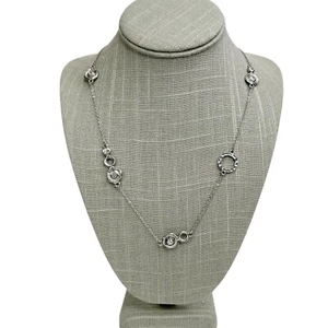 Silver Tone Textured Round Satellite Clear Rhinestone Long Chain Necklace 32” - Picture 1 of 10