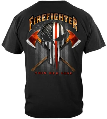 Firefighter Freedom Skull T Shirt Thin Red Line Punisher American Flag Skull - Image 1 of 3
