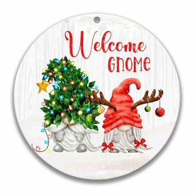 Letrero de corona dúo de asta y árbol de Navidad de gnomo de bienvenida 7-XMS002 Foto 1 de 4