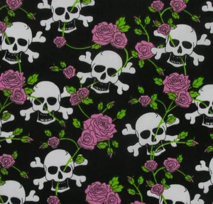 SKULL & ROSES Polycotton Fabric Material 45'' Wide Per Metre Fabric Sewing Pink - Picture 1 of 1