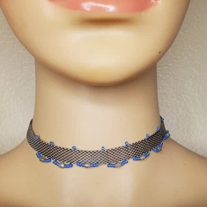 Robert Rose Delicate Silver Tone Metal Lace Design Blue Bead Choker Necklace - Picture 1 of 4