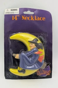 NEW Vintage Halloween Witch on Broomstick w/ Moon 14" Illuminated Necklace NOS - Picture 1 of 3