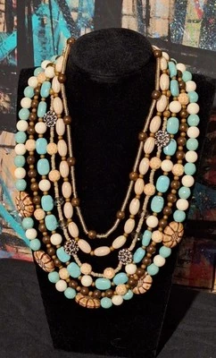 Collar Cookie Lee 6 Hilos Capas Cuentas Estilo Boho Imitación Turquesa Marrón Foto 1 de 4