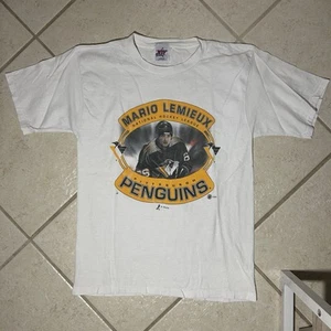 Vintage 90s Mario Lemieux Pittsburgh Penguins NHL Tshirt Size L Single Stitch - Picture 1 of 5