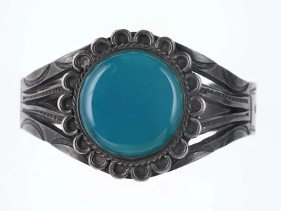 6.5英寸Fred Harvey Era纯银/Hubbel玻璃重型冲压手镯 — 第 1/4 张图片