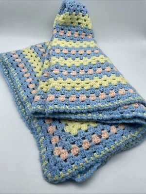 Hand-Crochet Blue Yellow Peach Baby Blanket Afghan Gift Shower Bedding Nursery - Image 1 of 4