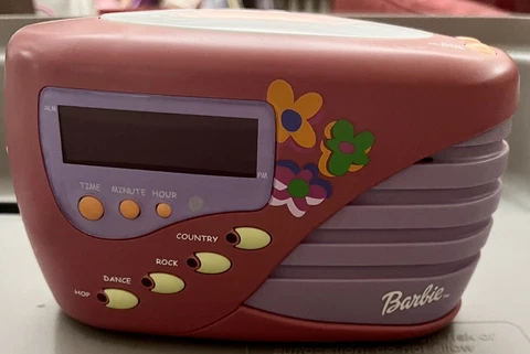 Vintage 2000 Mattel Barbie Alarm Clock Radio BE-107 Pink and Purple Cover