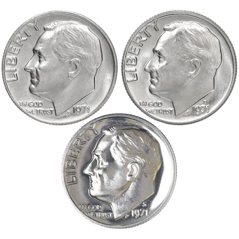 1971 P D S Roosevelt Dime Year Set Clad Proof & BU US 3 Coin Lot Cover