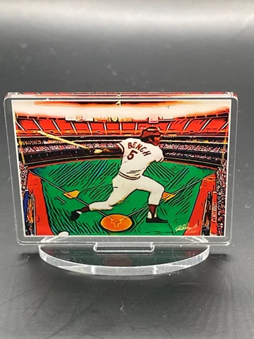 Cincinnati Reds Johnny Bench artwork w/stand & (5) jersey lapel pins-Collectible Cover