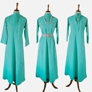 Vintage 1970s Blue Custom Made Aline Hostess Dress with Side Pockets - Picture 1 of 7