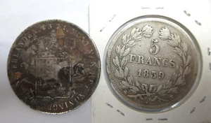 2 Silver dollar coins, 5 Francs 1839 France, 2.5 Gulden Netherlands 1871 Dutch - Picture 1 of 2