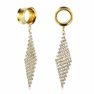 DANGLE DIAMOND GOLD Metal Ear Tunnels Piercing Stretcher Jewelery TU248 - Picture 1 of 2