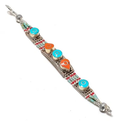 Pulsera Coral Rojo Turquesa Hecha a Mano Tibetano Bohemio Nepalí Joyería 7" NBB 359 Foto 1 de 4