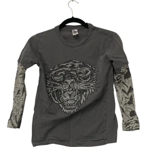 Ed Hardy Tshirt Kids Boys Size M/10 Gray Cotton Long Sleeve Tiger Studded Tee - Picture 1 of 6