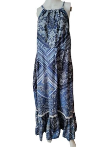 Lucky Brand Blue Women's Maxi Dress, Sz Medium Floral Patchwork Paisley Ruffle - Picture 1 of 15