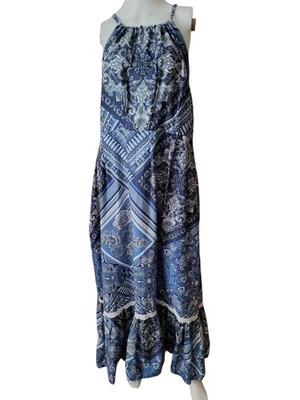 Lucky Brand Blue Women's Maxi Dress, Sz Medium Floral Patchwork Paisley Ruffle  - Image 1 of 4