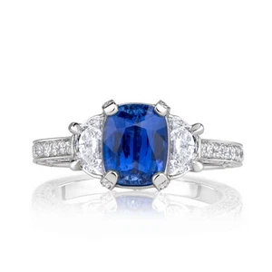 3.27ct Cushion Cut Blue Sapphire Engagement Ring - Picture 1 of 4