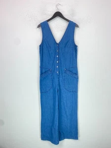Maeve Blue Denim Jumpsuit Sleeveless Snap Button Front Wide Leg Pockets UK 12 - Picture 1 of 12