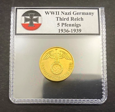 Germany WWII Era Third Reich Nazi Genuine 5 Pfennigs Coin 1936-1939 Al.Bronze - Image 1 of 3