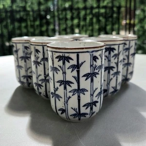 Set Of 6 Vintage Blue And White Bamboo Motif Stoneware Takahashi Tea Cups - Picture 1 of 7
