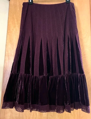 WOMEN'S FREE PEOPLE BURGUNDY VELVET LACE TIERED MIDI MAXI FLARED FULL SKIRT - 4 - image 1 of 4