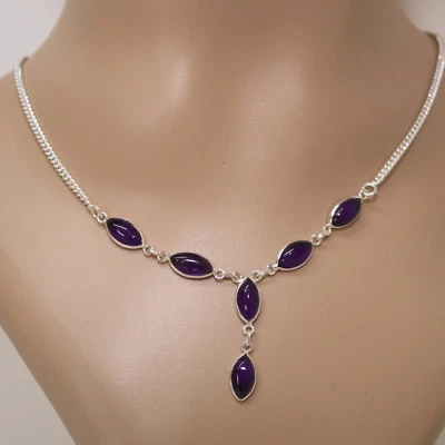 Amethyst Halskette Silber 925 Collier 40cm Kette  6 Cabochon Edelsteine Lila  - Bild 1 von 4