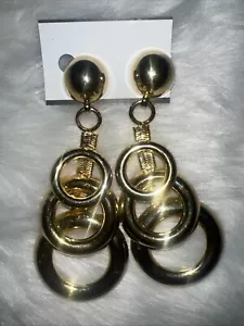 Gold Tone Dangle Circle Earrings Clip On - Picture 1 of 4