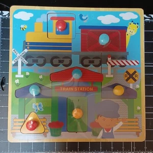 NEW wooden peg puzzle DEVELOPEMENT Train 7p crossing sign engine conductor shape - Picture 1 of 4