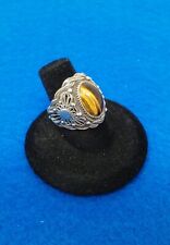 Vtg Israel Sterling Silver Wide Filigree Ring w/ Tiger's Eye Brown Stone, Size 7