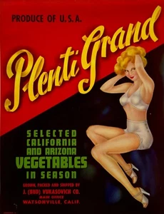 Original Vintage 1940s California Vegetable Label, Plenti Grand, Blonde Pin-Up - Picture 1 of 3