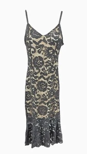 Womens Dress Cocktail Medium Black Midi Mermaid Lace Nude V-Neck Party Sexy - Picture 1 of 11