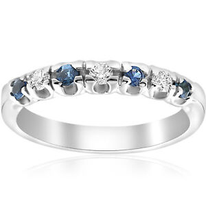 1/3ct Blue Sapphire & Diamond Wedding Ring Stackable Band White Gold 10k