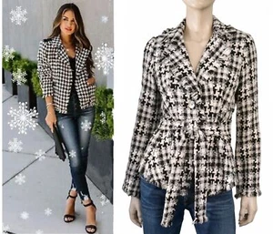 ANNE FONTAINE sz 38 Belted Fringed Black and White Boucle Jacket Blazer NEW - Picture 1 of 5