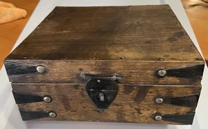 Vintage Wood Square Storage Chest Box Original Old Hand Crafted Metal Accents - Picture 1 of 13