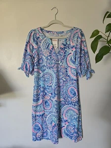 New Lilly Pulitzer Size Small Cotton Shift Dress Blue Pink Print Short Sleeves - Picture 1 of 7
