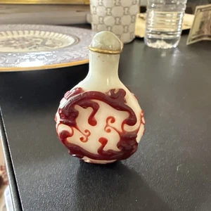 Antique Chinese Red Overlay Dragons Peking Glass Snuff Bottle Red Wax Bottom - Picture 1 of 13