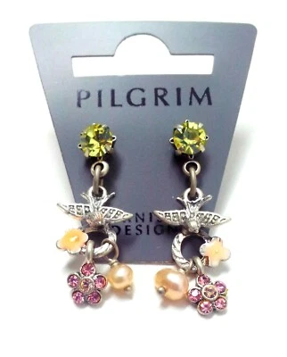 PENDIENTES PLATA PEREGRINO ROSA VERDE CRISTALES FLORES PERLAS PÁJAROS SIN NÍQUEL Foto 1 de 4