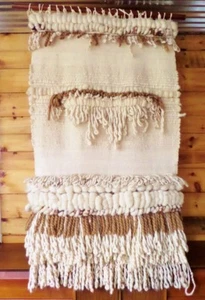 1970s Handwoven Wall Hanging Wool Scandinavian Rya Cream Brown Boho Large Vtg - Picture 1 of 5