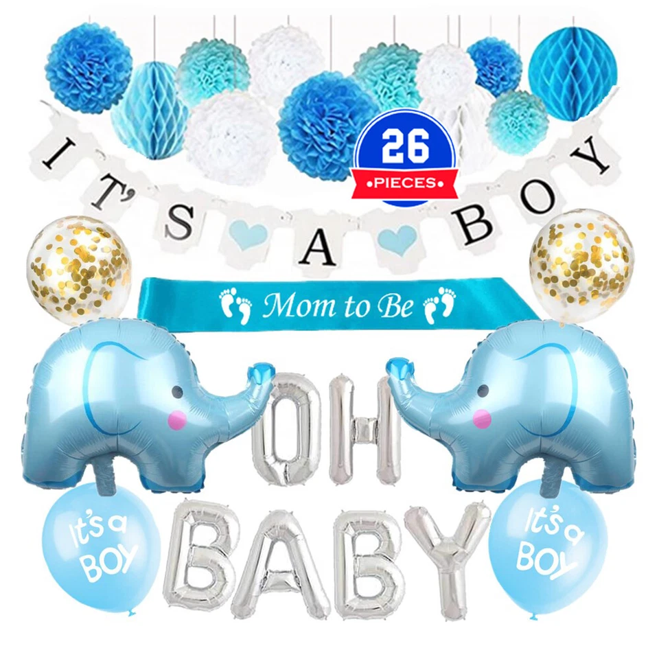 Baby Shower oh boy Banner Decorations Elephant Ballons Blue Garland Set - Image 1 of 4