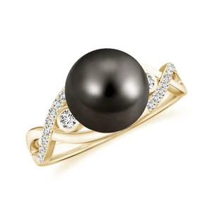 Black Tahitian Pearl Ring Moissanite 925 Sterling Silver Twisted Band Round Ring - Picture 1 of 22