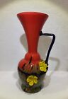 Czech Bohemian Kralik Red Trumpet Top Handled Splatter Vase W/Applied Flowers