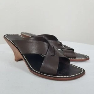 Bernardo Brown Leather Minimalist Bohemian Mid Heel Sandal Wedge Sz 8.5 (Defect) - Picture 1 of 14