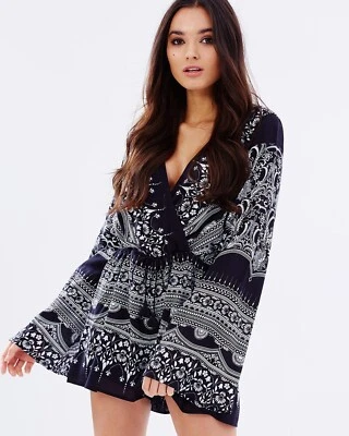 Women's Black Bandanna Print Playsuit / Romper - Long Sleeve - Fits Size 12 - image 1 of 4