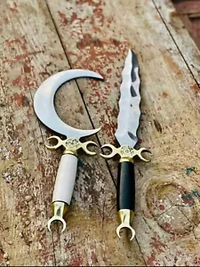 CUCHILLO CURVO HECHO A MANO DAGA LUNA MEDIA RITUAL ATHAME BOLINE MANGO CUERNO DE HUESO - Imagen 1 de 4