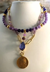 Natural Purple Jade & Amethyst Two Strand Bead In Paperclip Chain Necklace - Picture 1 of 10