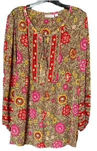 Belle Kim Gravel Women’s LS Floral Semi-Sheer Tunic Top Plus 1X BOHO - Picture 1 of 7