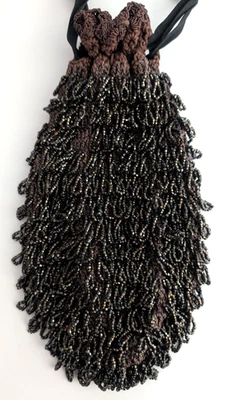 Antique Crochet Beaded Flapper Purse Marcasite colored Beads Drawstring; 9" - Image 1 of 4