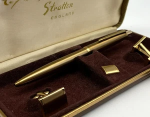 Vintage Stratton Pen Cufflinks and Tie Pin Set Gold Tone Metal Boxed - Picture 1 of 12