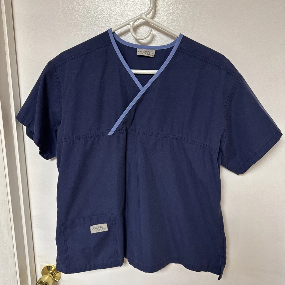 Urbane Scrubs Top – Solid Navy w/ Light Blue Trim – Size M - Image 1 of 2