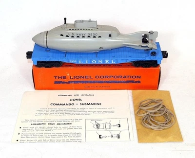 Coche plano Lionel 3830 de posguerra con submarino operativo de 1961-63 ~ con bonito OB e inst. Foto 1 de 4